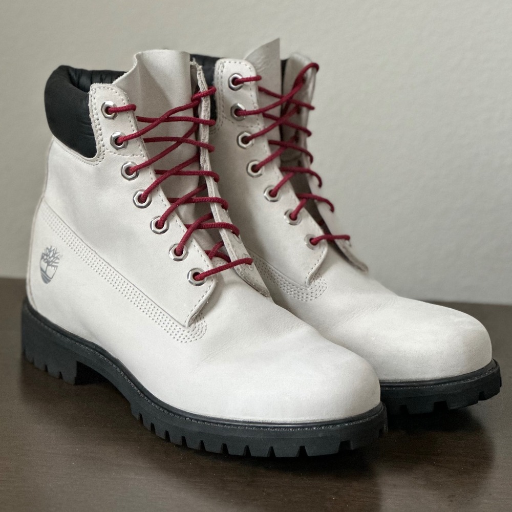 Timberland Premium 6-Inch Boots Men's 9.5 M White Red Waterproof Nubuck Leather‎